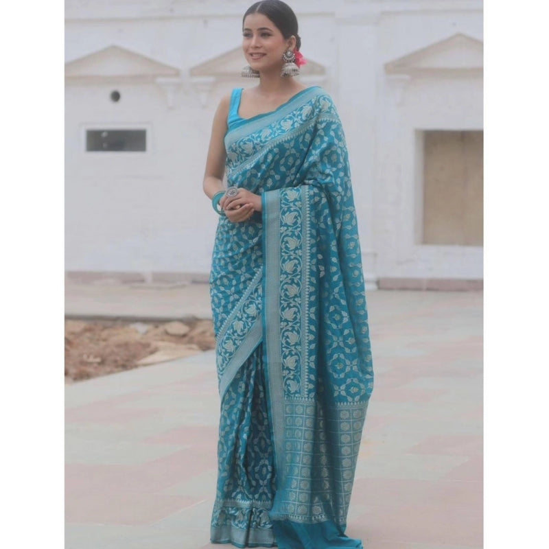 Mayawye Women's Silk Printed Saree With Unstitched Blouse 5.5Mtr (Sky Blue)