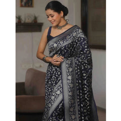 Mayawye Women's Silk Printed Saree With Unstitched Blouse 5.5Mtr (Navy Blue)