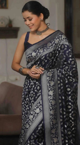 Mayawye Women's Silk Printed Saree With Unstitched Blouse 5.5Mtr (Navy Blue)