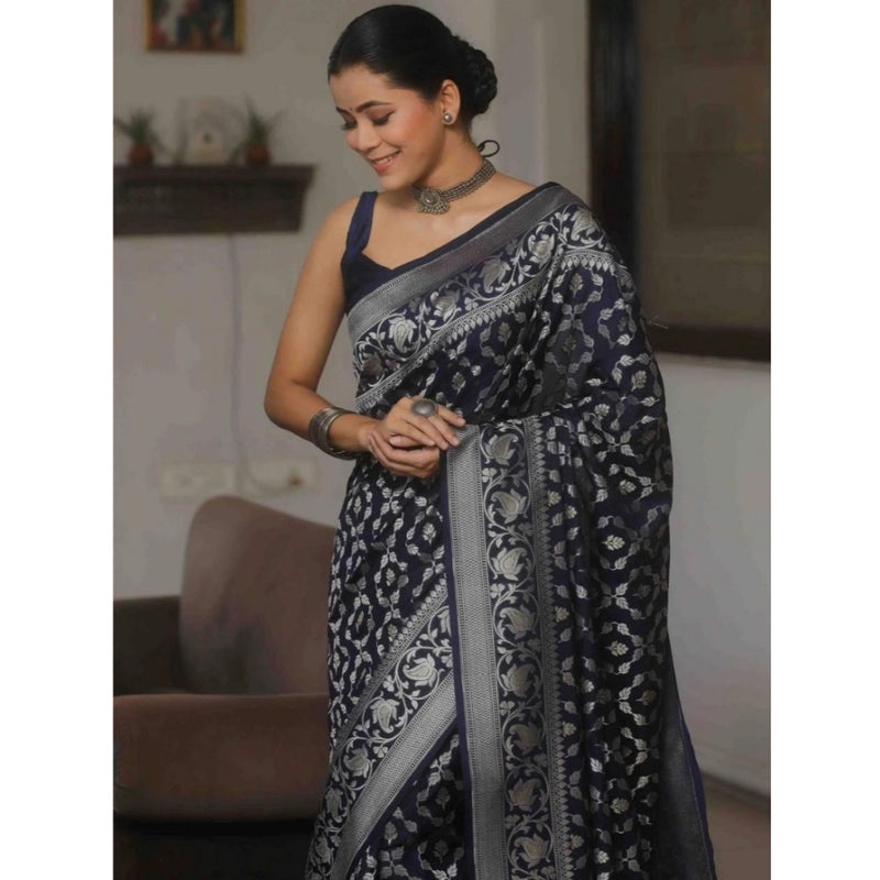 Mayawye Women's Silk Printed Saree With Unstitched Blouse 5.5Mtr (Navy Blue)