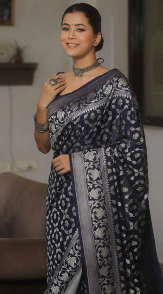 Mayawye Women's Silk Printed Saree With Unstitched Blouse 5.5Mtr (Navy Blue)