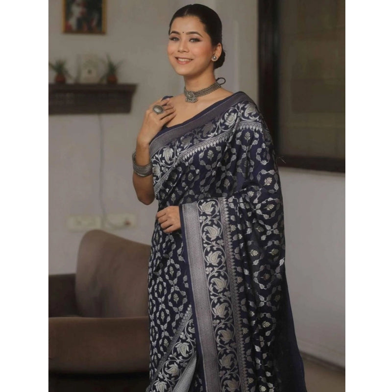 Mayawye Women's Silk Printed Saree With Unstitched Blouse 5.5Mtr (Navy Blue)