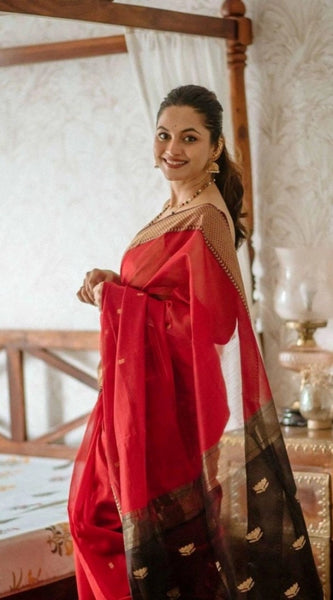 Mayawye Women's Cotton  Printed Saree With Unstitched Blouse 5.5Mtr (Red)