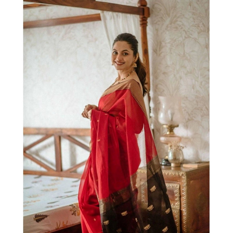 Mayawye Women's Cotton  Printed Saree With Unstitched Blouse 5.5Mtr (Red)
