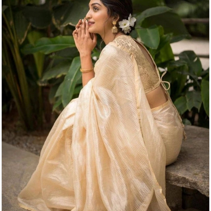 Mayawye Women's Silk Printed Saree With Unstitched Blouse 5.5Mtr (Off White)