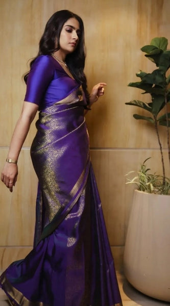 Mayawye Women's Silk Printed Saree With Unstitched Blouse 5.5Mtr (Purple)