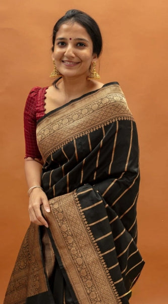 Mayawye Women's Silk Printed Saree With Unstitched Blouse 5.5Mtr (Black)