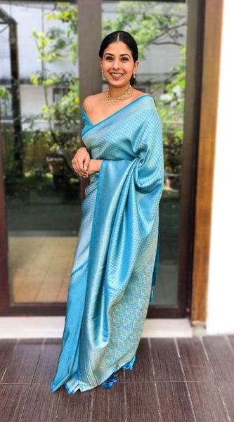 Mayawye Women's Silk Printed Saree With Unstitched Blouse 5.5Mtr (Sky Blue)