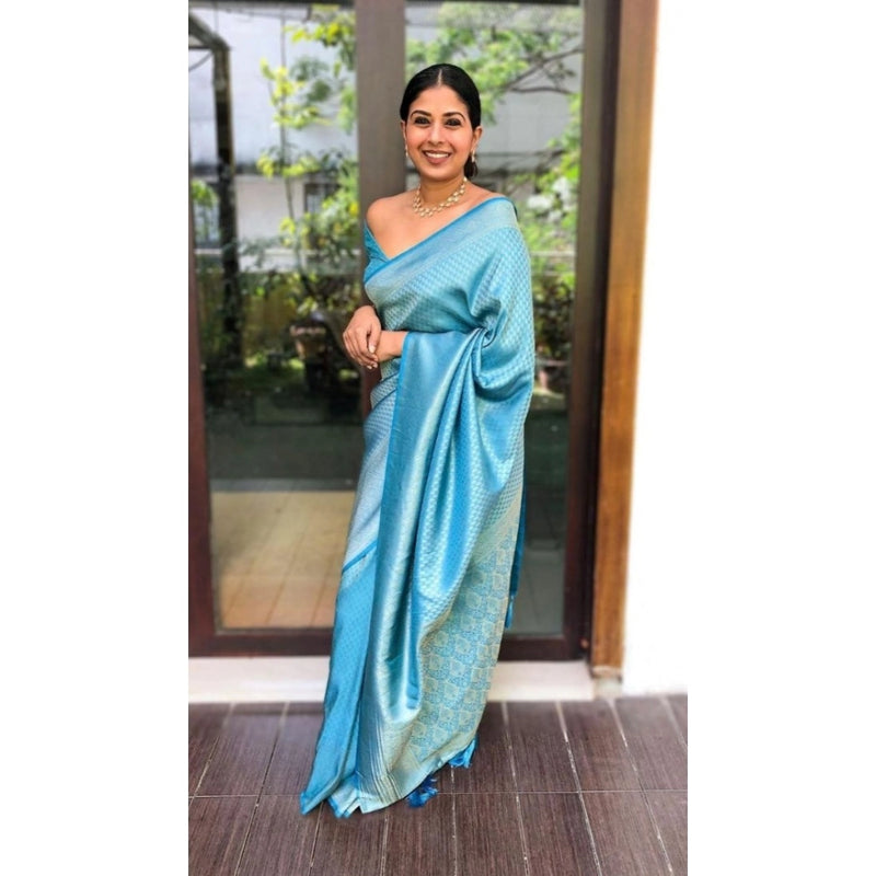 Mayawye Women's Silk Printed Saree With Unstitched Blouse 5.5Mtr (Sky Blue)