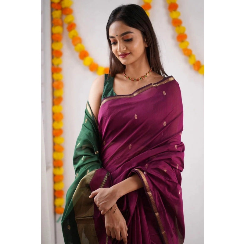 Mayawye Women's Cotton  Printed Saree With Unstitched Blouse 5.5Mtr (Wine)