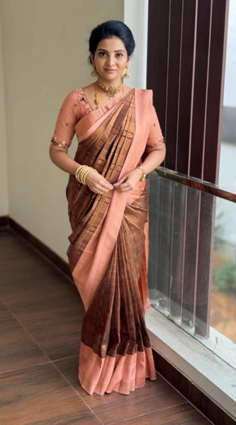 Mayawye Women's Silk Printed Saree With Unstitched Blouse 5.5Mtr (Brown)