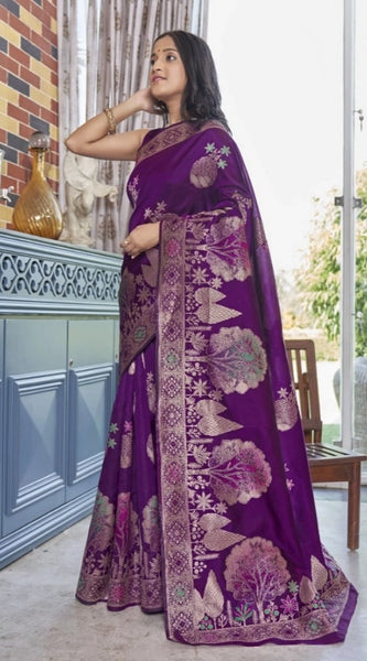 Mayawye Women's Silk Printed Saree With Unstitched Blouse 5.5Mtr (Purple)