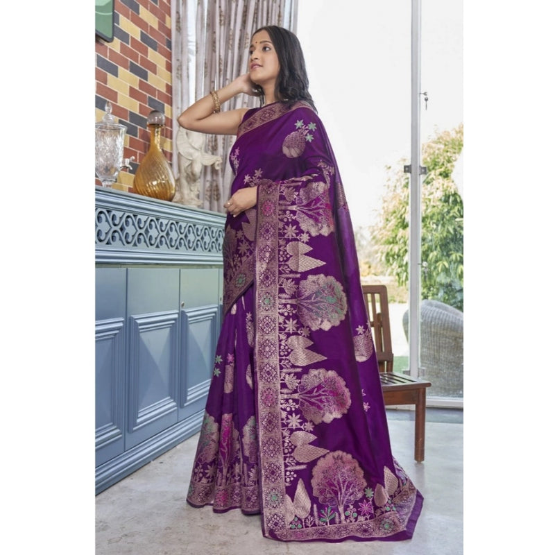 Mayawye Women's Silk Printed Saree With Unstitched Blouse 5.5Mtr (Purple)
