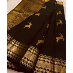 Mayawye Women's Silk Printed Saree With Unstitched Blouse 5.5Mtr (Black)