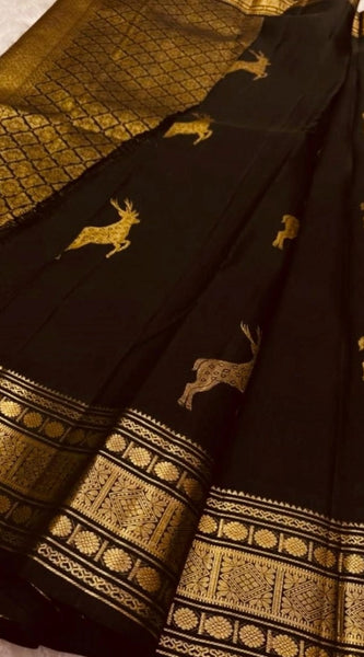 Mayawye Women's Silk Printed Saree With Unstitched Blouse 5.5Mtr (Black)