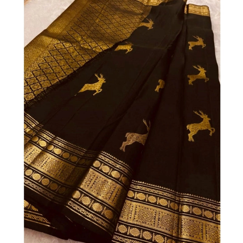 Mayawye Women's Silk Printed Saree With Unstitched Blouse 5.5Mtr (Black)