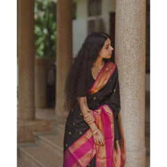 Mayawye Women's Silk Printed Saree With Unstitched Blouse 5.5Mtr (Black-Pink)