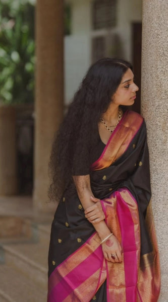 Mayawye Women's Silk Printed Saree With Unstitched Blouse 5.5Mtr (Black-Pink)