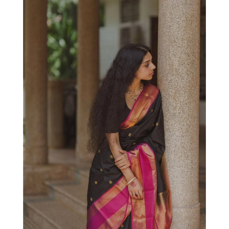 Mayawye Women's Silk Printed Saree With Unstitched Blouse 5.5Mtr (Black-Pink)