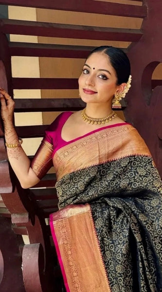 Mayawye Women's Silk Printed Saree With Unstitched Blouse 5.5Mtr (Green)