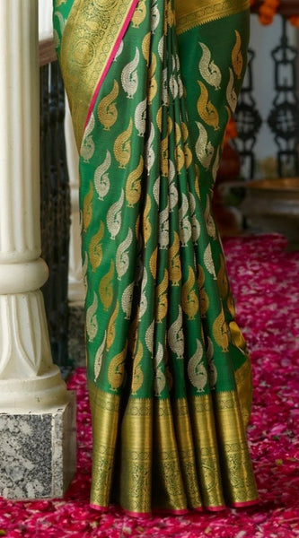 Mayawye Women's Silk Printed Saree With Unstitched Blouse 5.5Mtr (Green)
