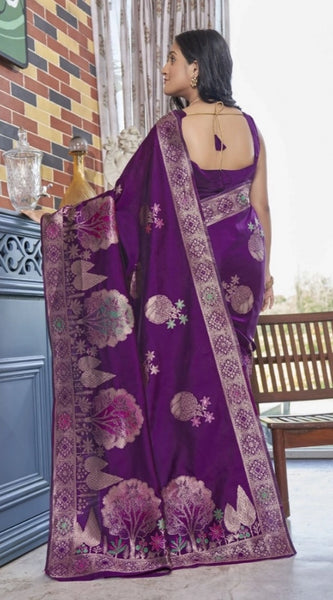 Mayawye Women's Silk Printed Saree With Unstitched Blouse 5.5Mtr (Purple)