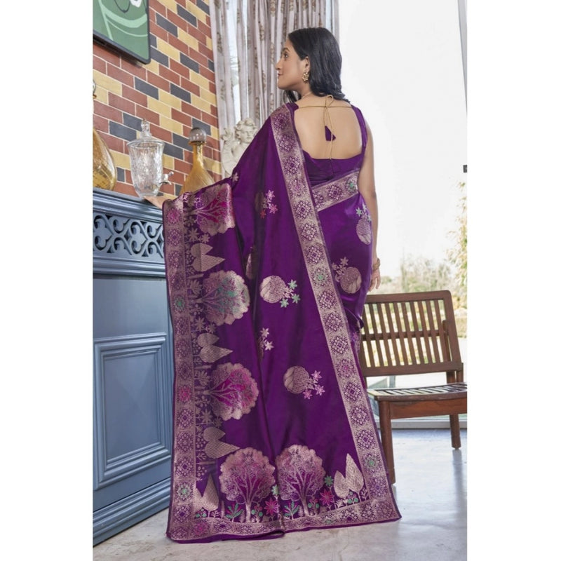Mayawye Women's Silk Printed Saree With Unstitched Blouse 5.5Mtr (Purple)