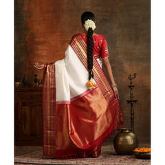 Mayawye Women's Silk Printed Saree With Unstitched Blouse 5.5Mtr (White-Maroon)