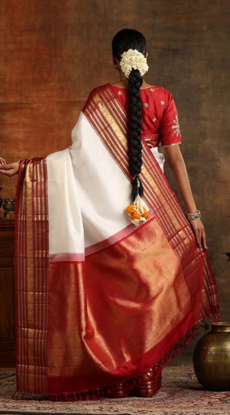 Mayawye Women's Silk Printed Saree With Unstitched Blouse 5.5Mtr (White-Maroon)