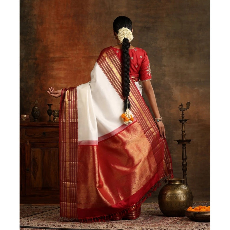 Mayawye Women's Silk Printed Saree With Unstitched Blouse 5.5Mtr (White-Maroon)