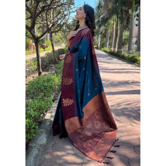 Mayawye Women's Silk Printed Saree With Unstitched Blouse 5.5Mtr (Blue)