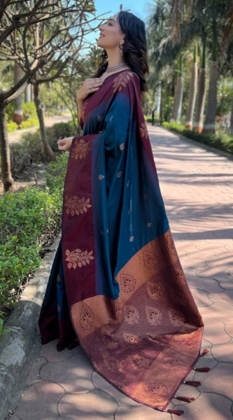 Mayawye Women's Silk Printed Saree With Unstitched Blouse 5.5Mtr (Blue)