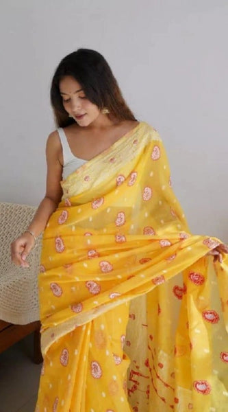 Mayawye Women's Cotton  Printed Saree With Unstitched Blouse 5.5Mtr (Yellow)