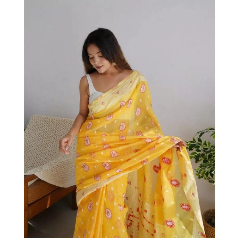 Mayawye Women's Cotton  Printed Saree With Unstitched Blouse 5.5Mtr (Yellow)