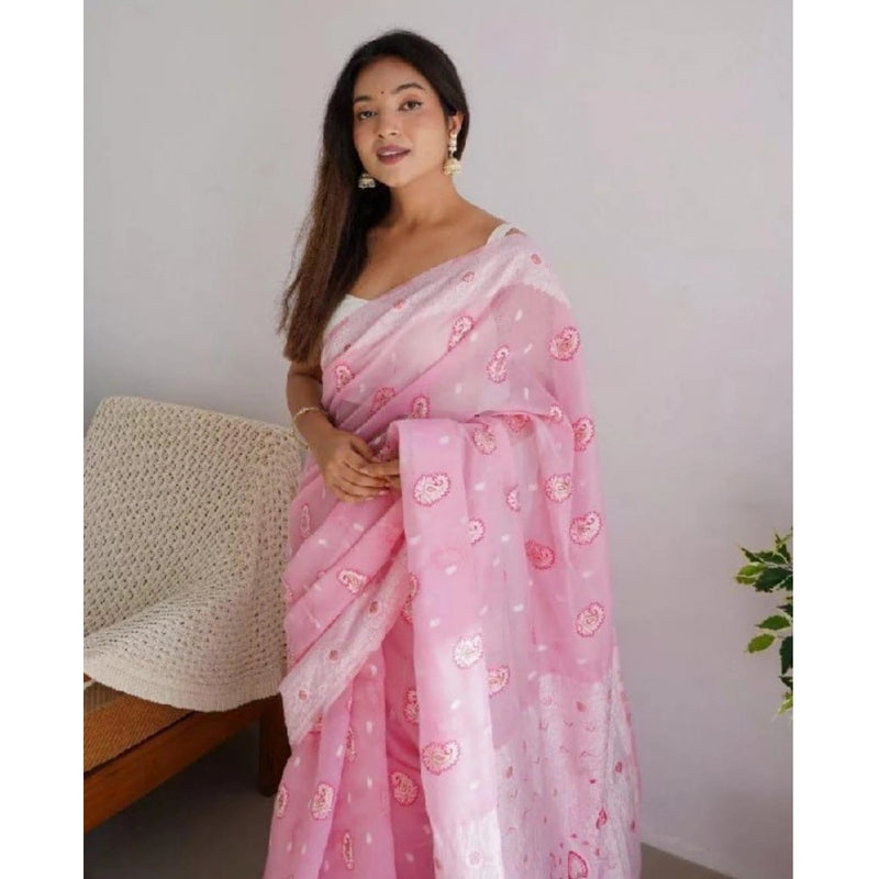 Mayawye Women's Cotton  Printed Saree With Unstitched Blouse 5.5Mtr (Pink)