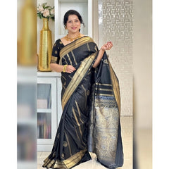 Mayawye Women's Silk Printed Saree With Unstitched Blouse 5.5Mtr (Black)
