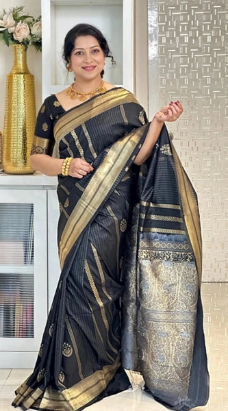 Mayawye Women's Silk Printed Saree With Unstitched Blouse 5.5Mtr (Black)