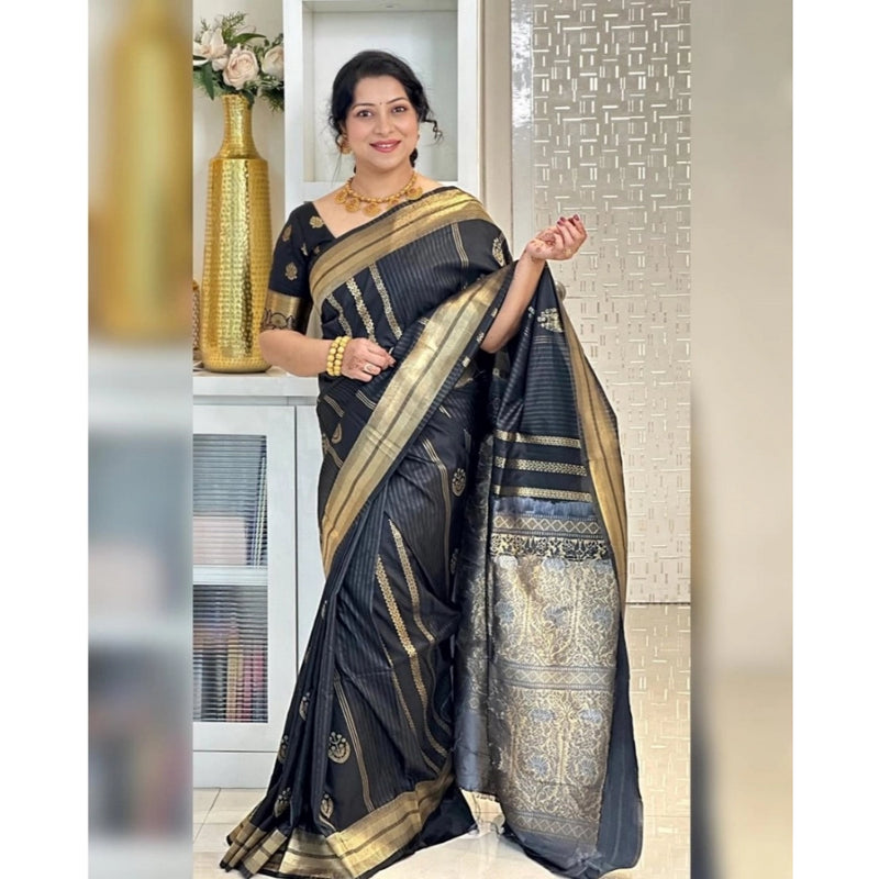 Mayawye Women's Silk Printed Saree With Unstitched Blouse 5.5Mtr (Black)