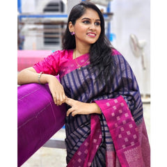 Mayawye Women's Silk Printed Saree With Unstitched Blouse 5.5Mtr (Navy Blue)