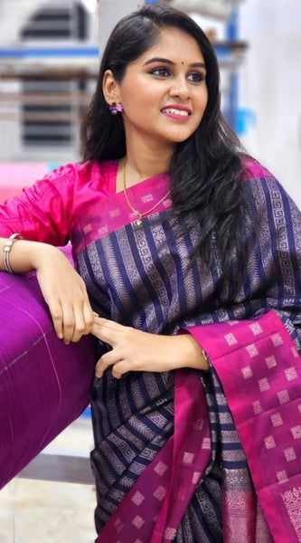 Mayawye Women's Silk Printed Saree With Unstitched Blouse 5.5Mtr (Navy Blue)