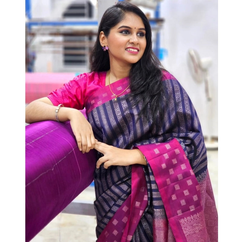 Mayawye Women's Silk Printed Saree With Unstitched Blouse 5.5Mtr (Navy Blue)