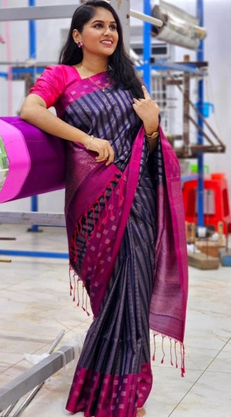 Mayawye Women's Silk Printed Saree With Unstitched Blouse 5.5Mtr (Navy Blue)