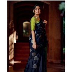Mayawye Women's Silk Printed Saree With Unstitched Blouse 5.5Mtr (Navy Blue)