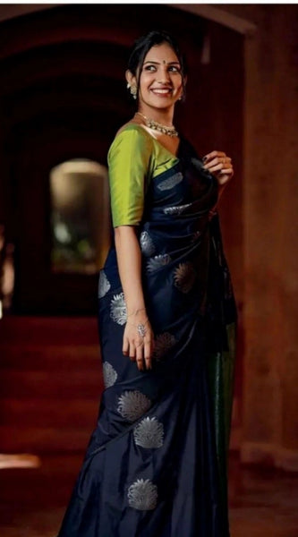 Mayawye Women's Silk Printed Saree With Unstitched Blouse 5.5Mtr (Navy Blue)