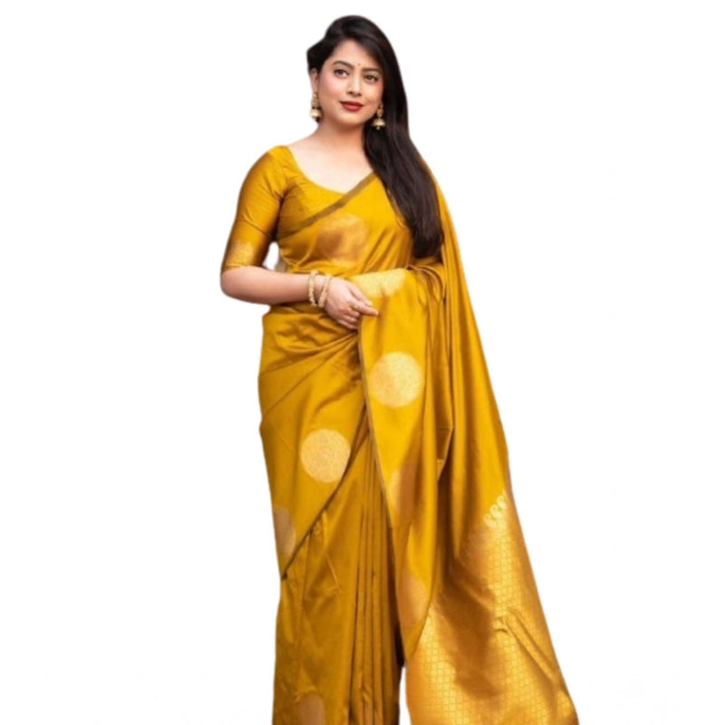 Mayawye Women's Silk Printed Saree With Unstitched Blouse 5.5Mtr (Yellow)