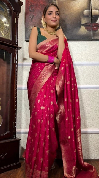 Mayawye Women's Silk Printed Saree With Unstitched Blouse 5.5Mtr (Rani Pink)