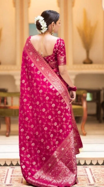 Mayawye Women's Silk Printed Saree With Unstitched Blouse 5.5Mtr (Rani Pink)