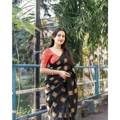 Mayawye Women's Silk Printed Saree With Unstitched Blouse 5.5Mtr (Blacl-Orange)