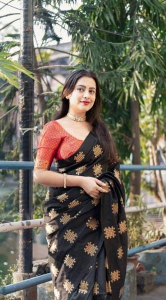 Mayawye Women's Silk Printed Saree With Unstitched Blouse 5.5Mtr (Blacl-Orange)