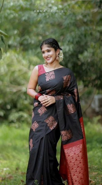 Mayawye Women's Silk Printed Saree With Unstitched Blouse 5.5Mtr (Black-Red)